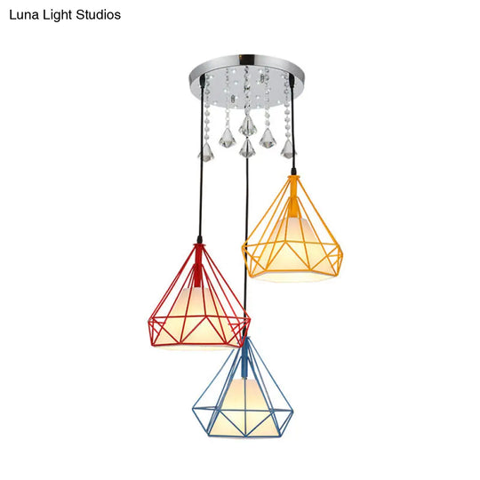 Modern 3-Head Iron Multi Light Ceiling Pendant Lamp - Red-Yellow-Blue Diamond Cage Design