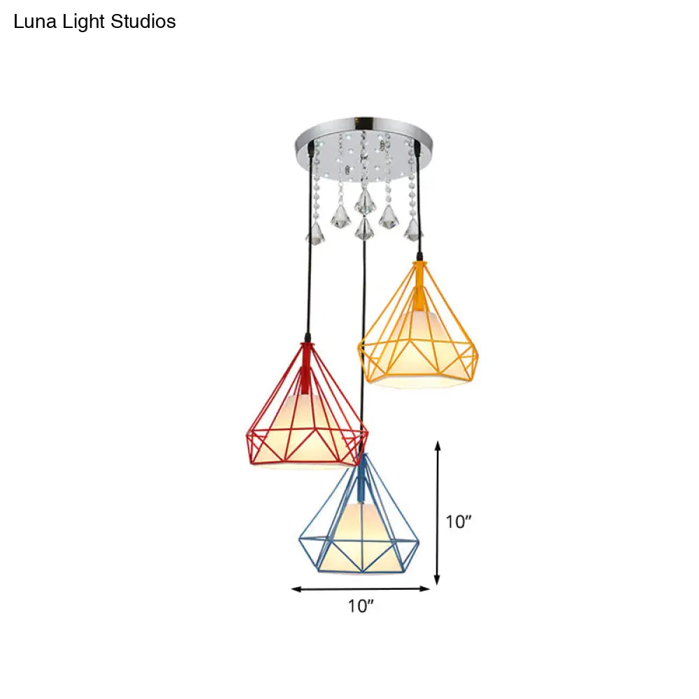 Modern 3-Head Diamond Cage Pendant Lamp: Red Yellow Blue Multi-Light Ceiling Lighting