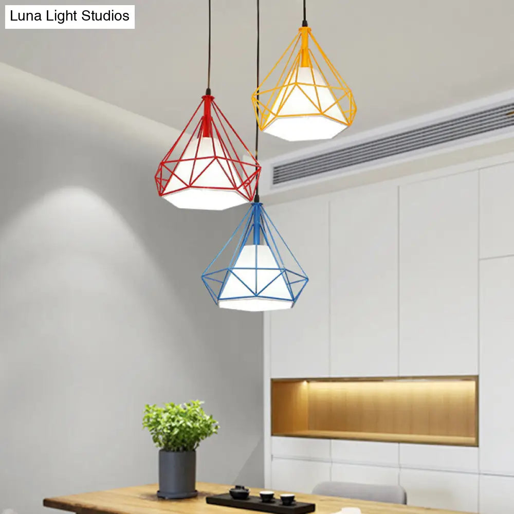 Modern 3-Head Iron Multi Light Ceiling Pendant Lamp - Red-Yellow-Blue Diamond Cage Design