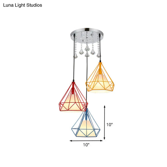 Modern 3-Head Iron Multi Light Ceiling Pendant Lamp - Red-Yellow-Blue Diamond Cage Design