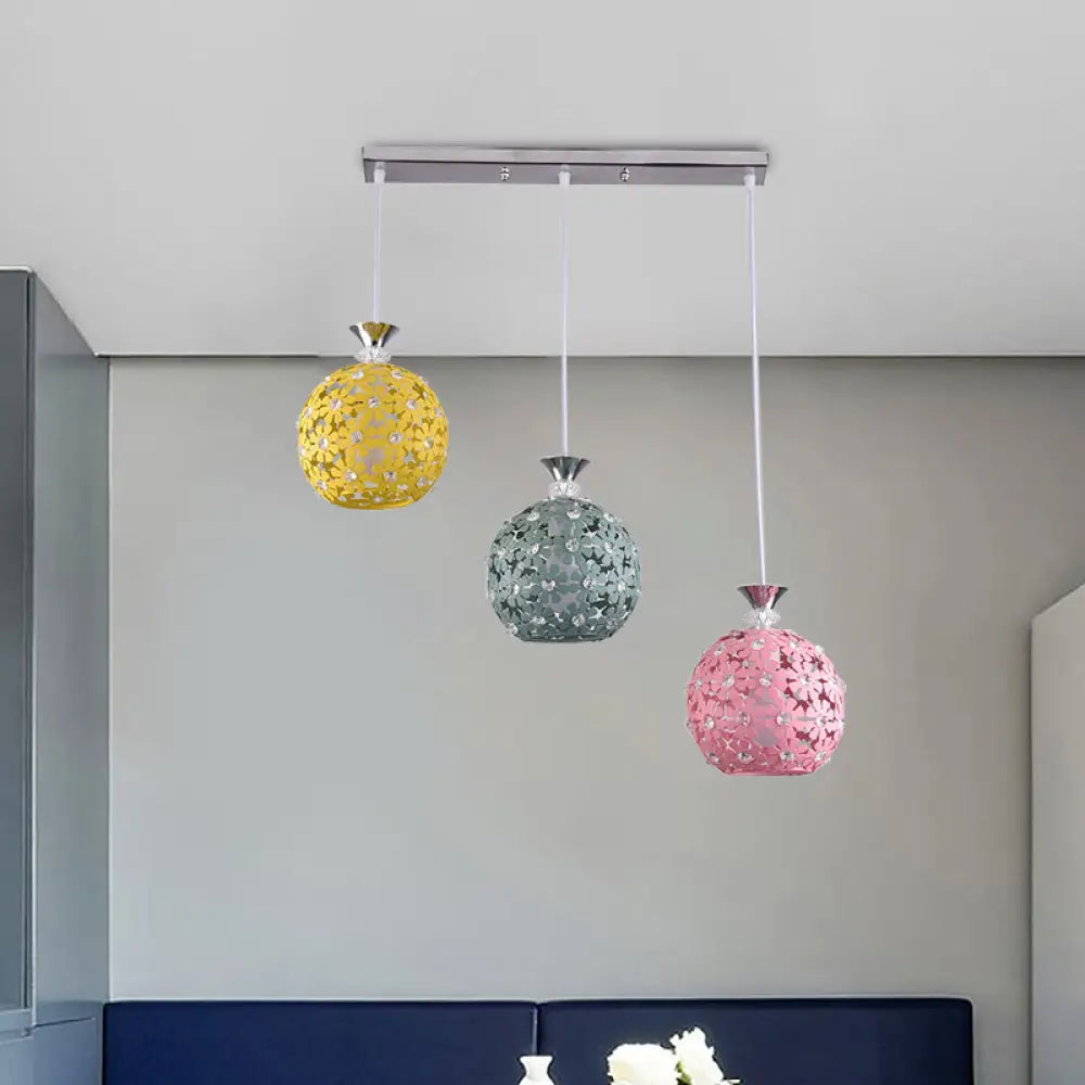 Modern 3-Head Iron Pendant Light With Globe Cluster And Floret Design - Green Yellow Pink