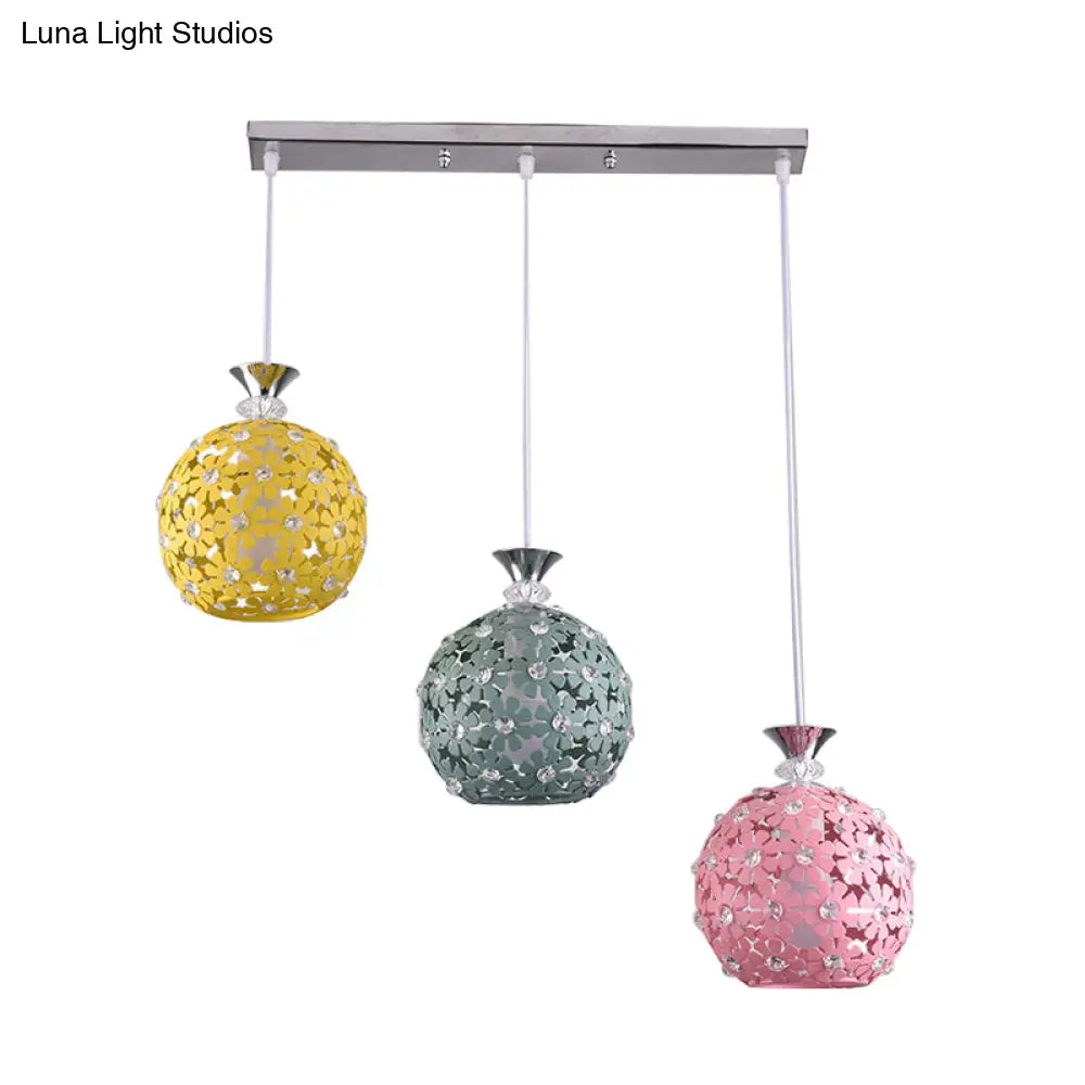 Modern 3-Head Iron Pendant Light With Globe Cluster And Floret Design - Green Yellow Pink