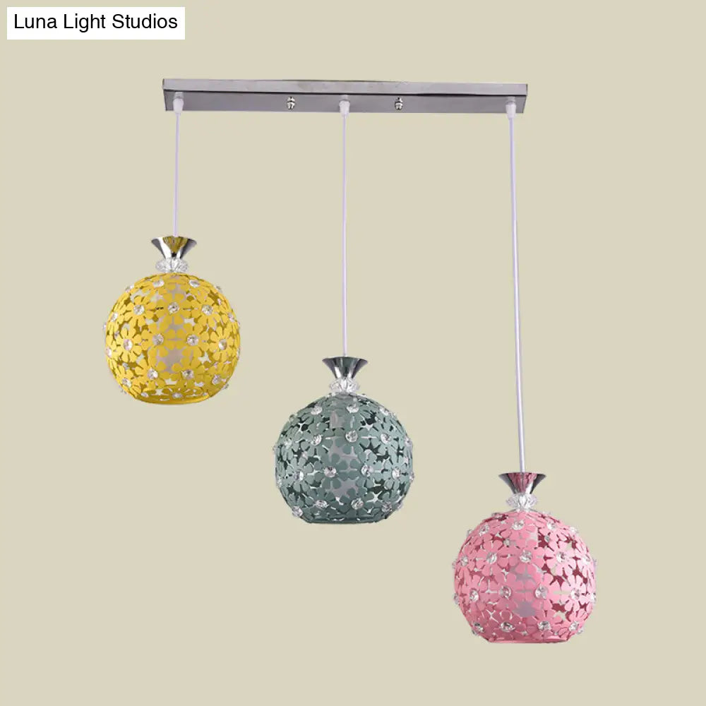 Modern 3-Head Iron Pendant Light With Globe Cluster And Floret Design - Green Yellow Pink