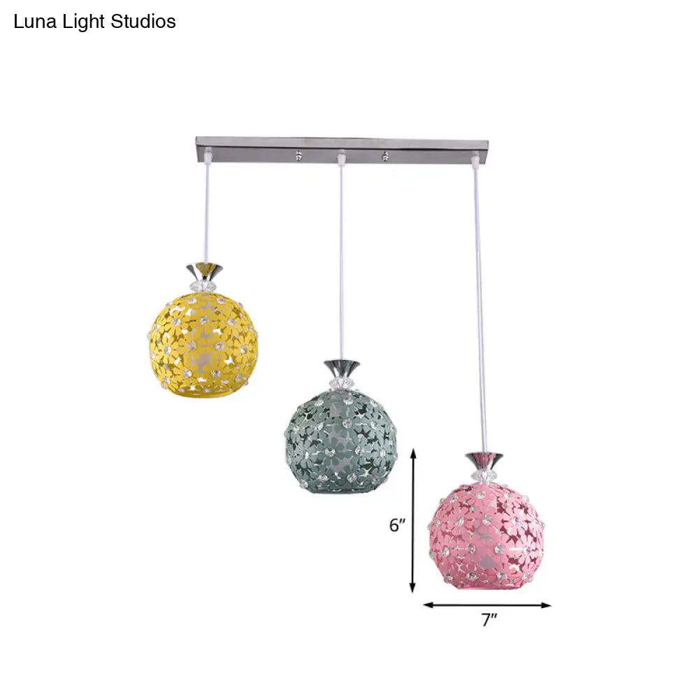 Modern 3-Head Iron Pendant Light With Globe Cluster And Floret Design - Green Yellow Pink