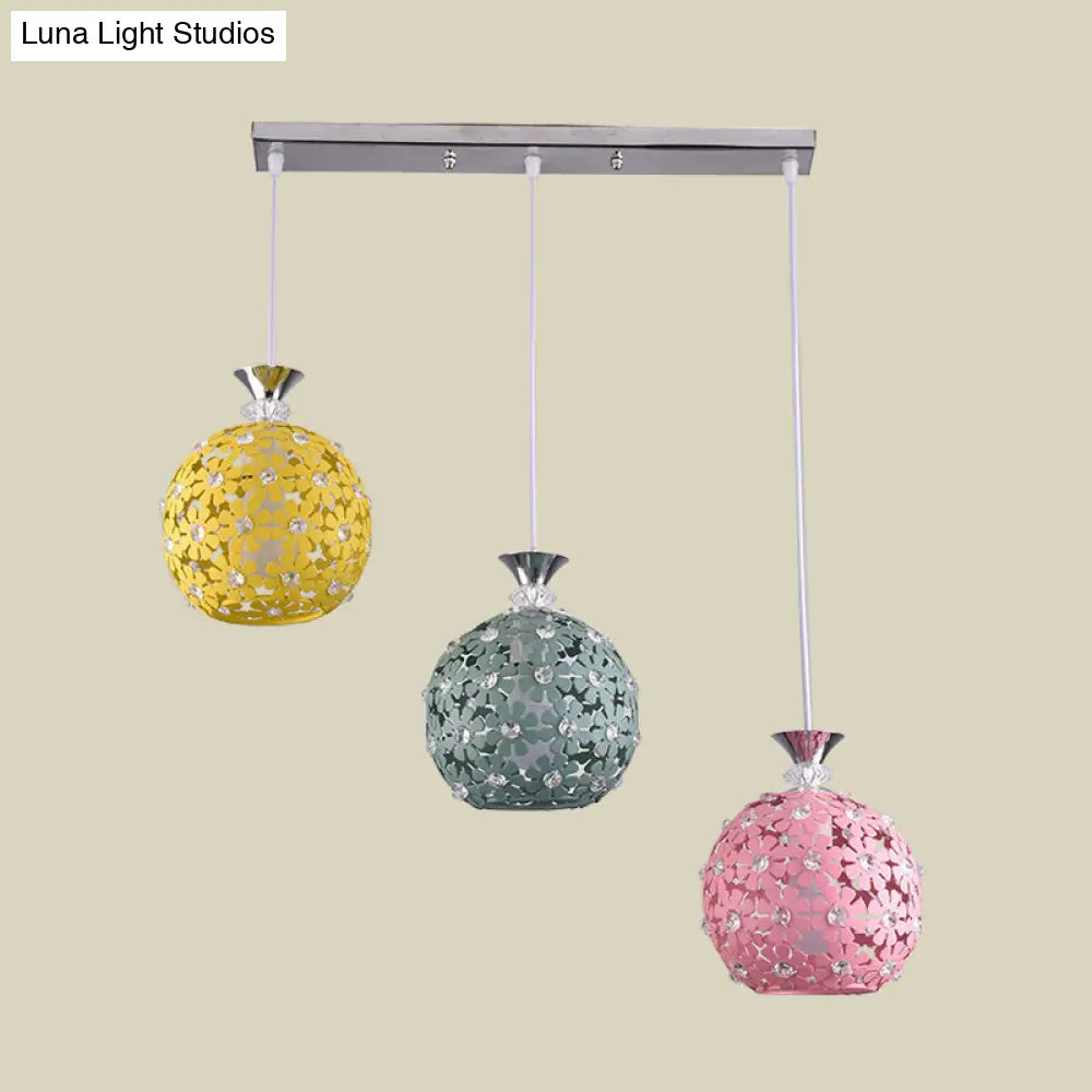 Modern 3-Head Globe Cluster Pendant With Floret Design - Green-Yellow-Pink Hanging Lighting