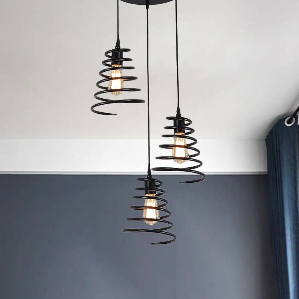 Modern 3-Head Pendant Light In Black - Multi Fixture For Loft Conical Spring Iron Design With