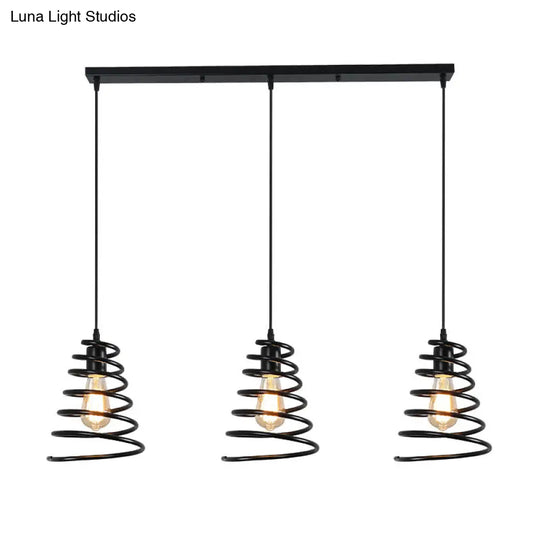 Black Conical Spring Iron Pendant Light With 3 Multi-Directional Heads For Loft Ceiling -