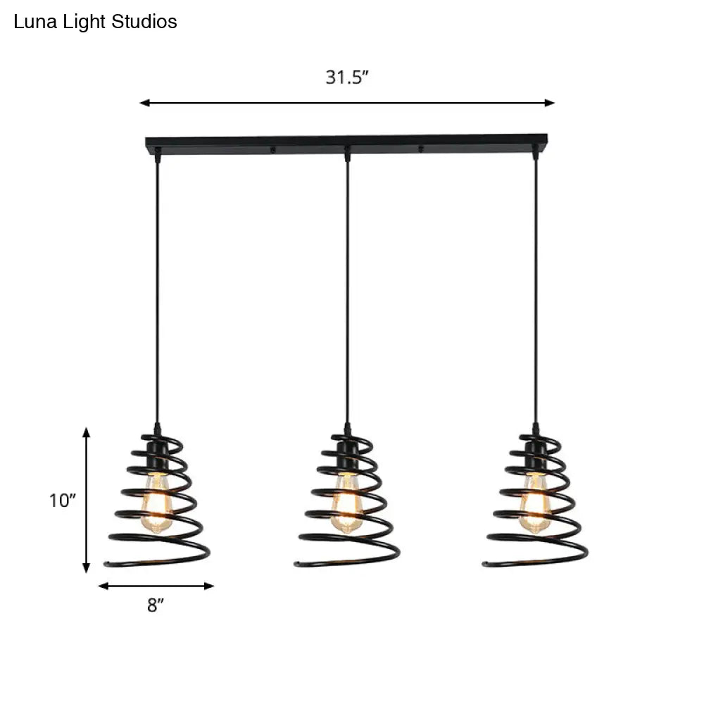 Black Conical Spring Iron Pendant Light With 3 Multi-Directional Heads For Loft Ceiling -