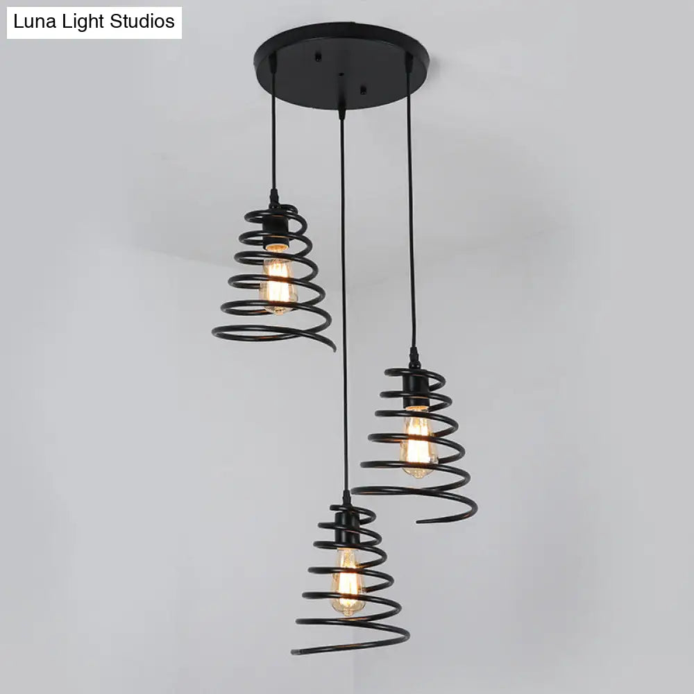 Modern 3-Head Pendant Light In Black - Multi Fixture For Loft Conical Spring Iron Design With