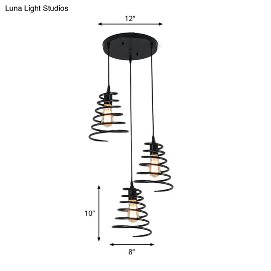 Black Conical Spring Iron Pendant Light With 3 Multi-Directional Heads For Loft Ceiling -