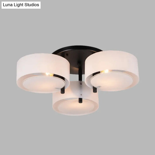 Modern 3-Head Semi Flush Mount Ceiling Light For Living Room In White Drum Shape