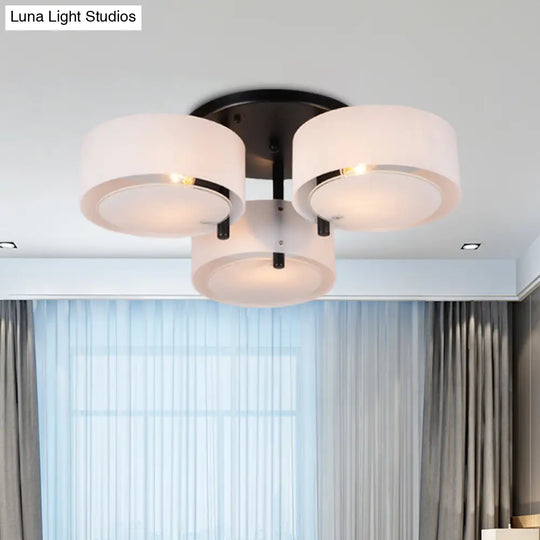 Modern 3-Head Semi Flush Mount Ceiling Light For Living Room In White Drum Shape