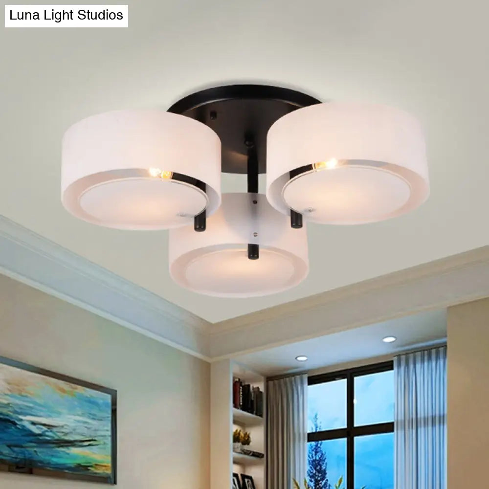 Modern 3-Head Semi Flush Mount Ceiling Light For Living Room In White Drum Shape