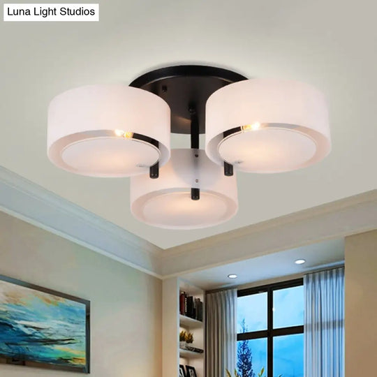 Modern 3-Head Semi Flush Mount Ceiling Light For Living Room In White Drum Shape