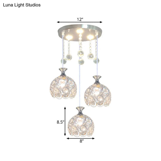 Modern 3-Head Silver Pendant Light With Crystal-Encrusted Dome Shade For Dining Room