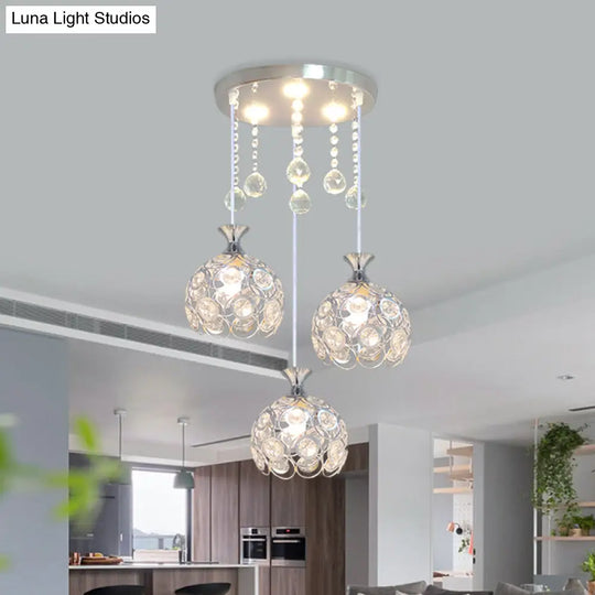 Modern 3-Head Silver Pendant Light With Crystal-Encrusted Dome Shade For Dining Room