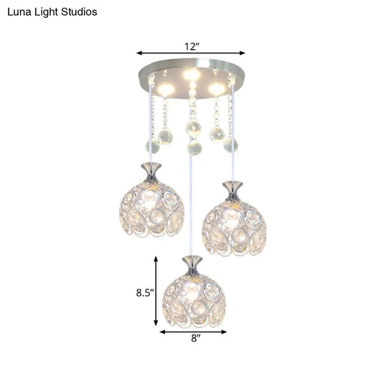 Silver Finish Modern 3-Head Dining Room Pendant Light With Crystal-Encrusted Dome Shade