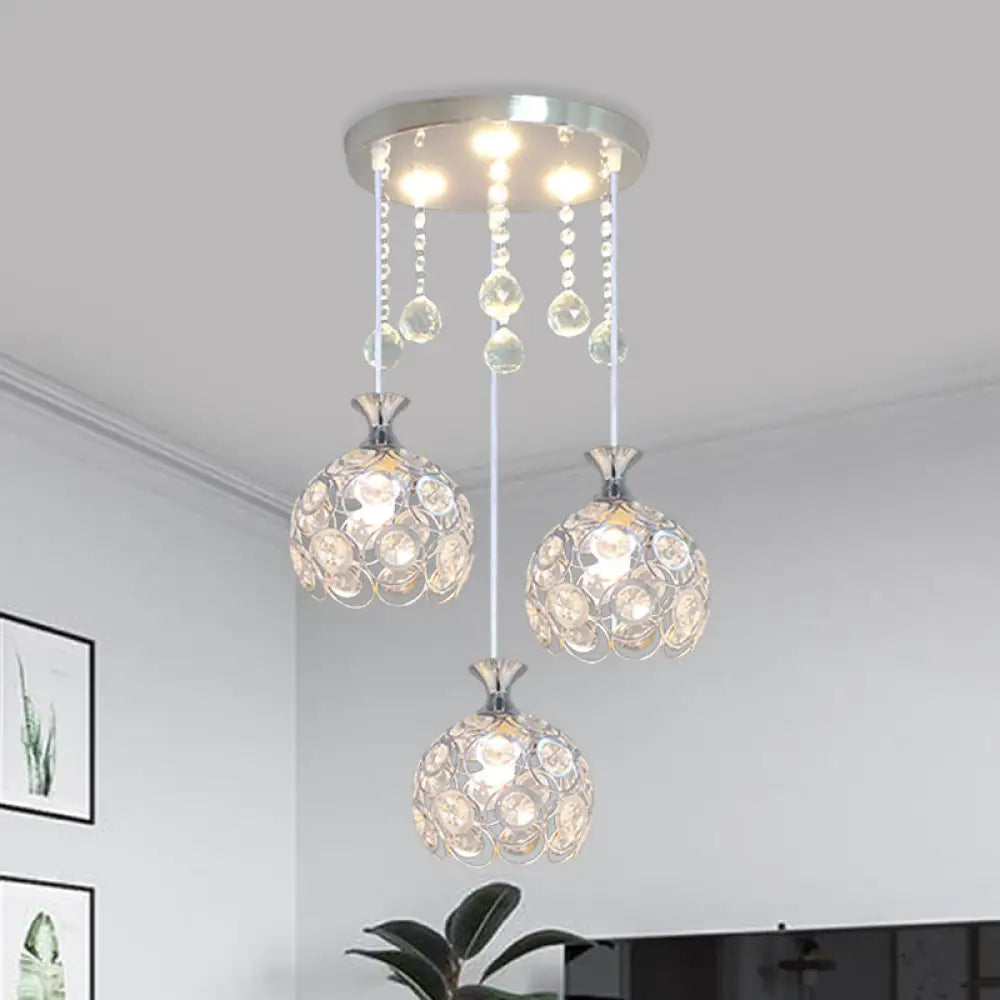 Modern 3-Head Silver Pendant Light With Crystal-Encrusted Dome Shade For Dining Room