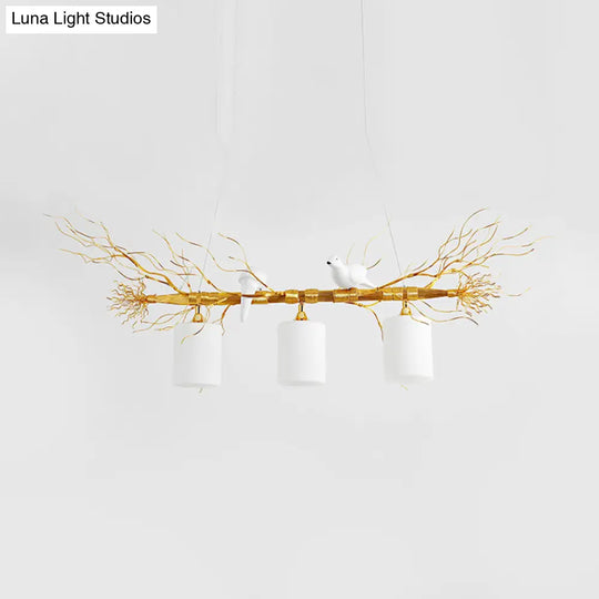 Modern 3-Head White Glass Pendant Light With Gold/Silver Branch - Cylinder Ceiling Island Fixture