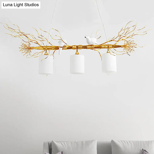 Modern 3-Head White Glass Pendant Light With Gold/Silver Branch - Cylinder Ceiling Island Fixture