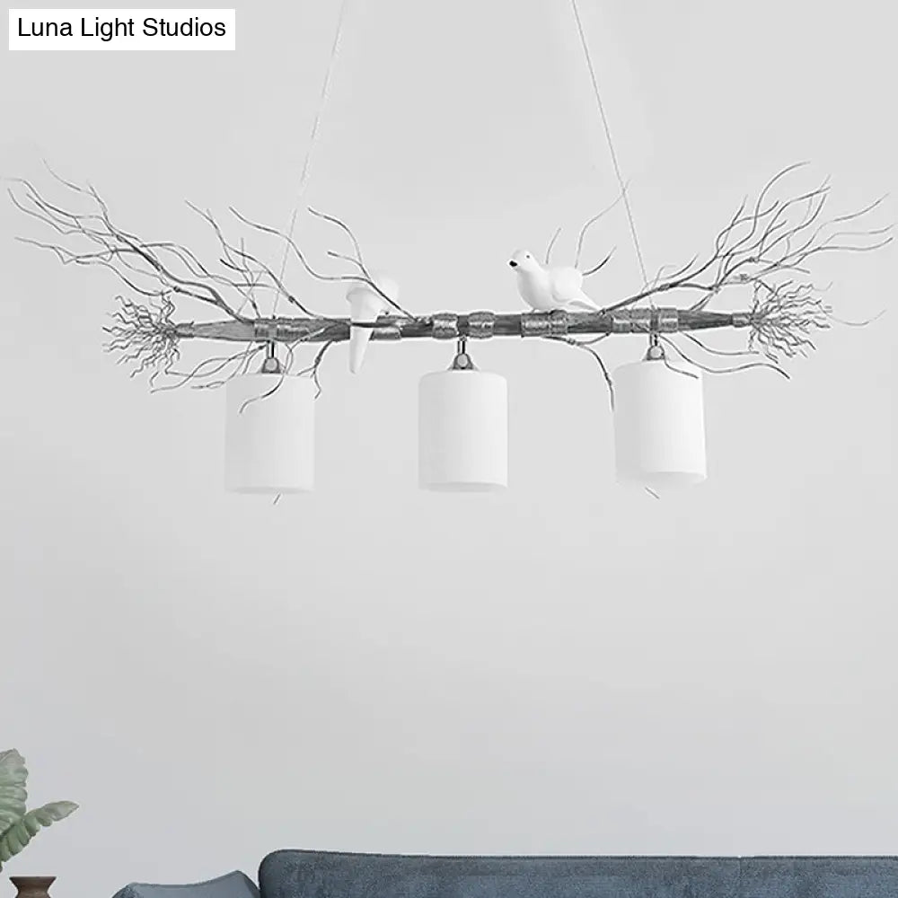 Modern 3-Head White Glass Pendant Light With Gold/Silver Branch - Cylinder Ceiling Island Fixture