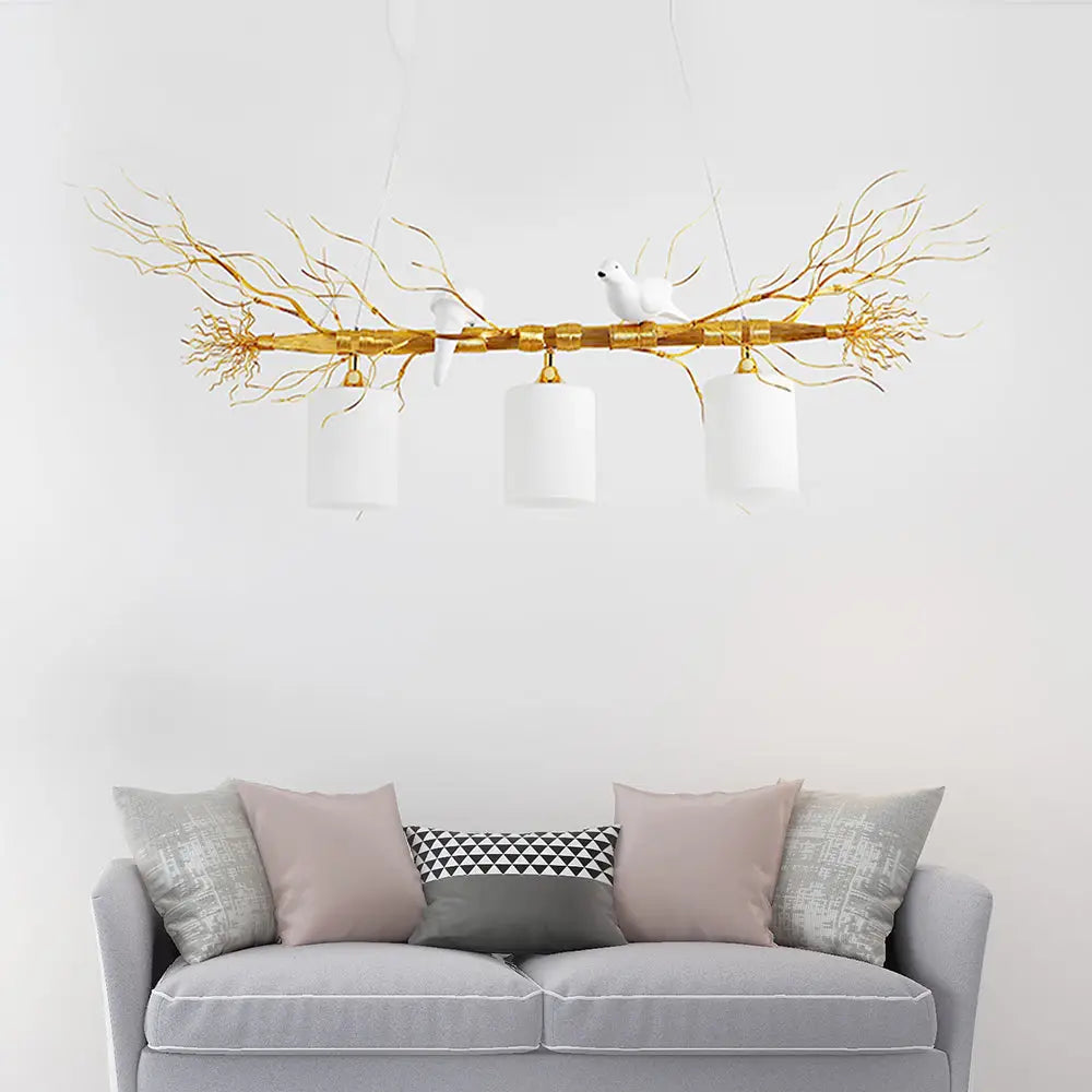 Modern 3-Head White Glass Pendant Light With Gold/Silver Branch - Cylinder Ceiling Island Fixture