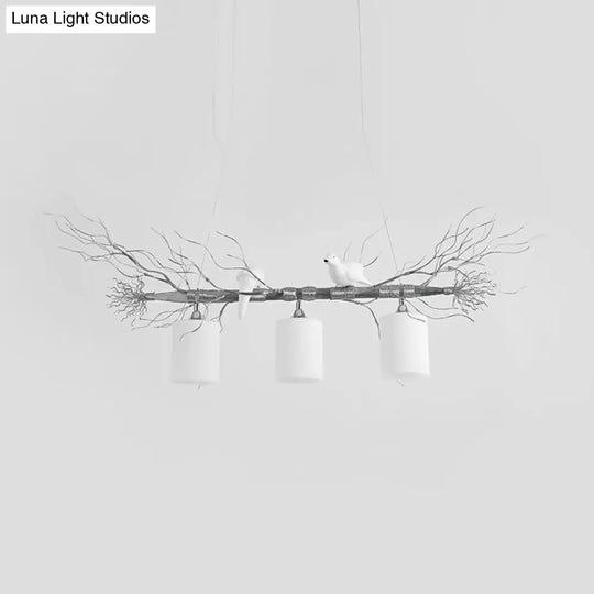 Modern 3-Head White Glass Pendant Light With Gold/Silver Branch - Cylinder Ceiling Island Fixture