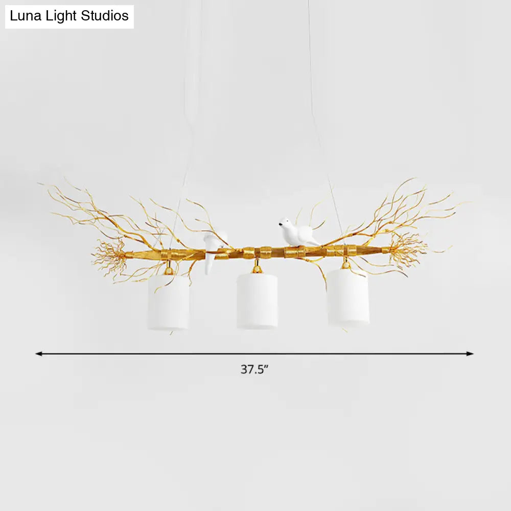 Modern 3-Head White Glass Pendant Light With Gold/Silver Branch - Cylinder Ceiling Island Fixture