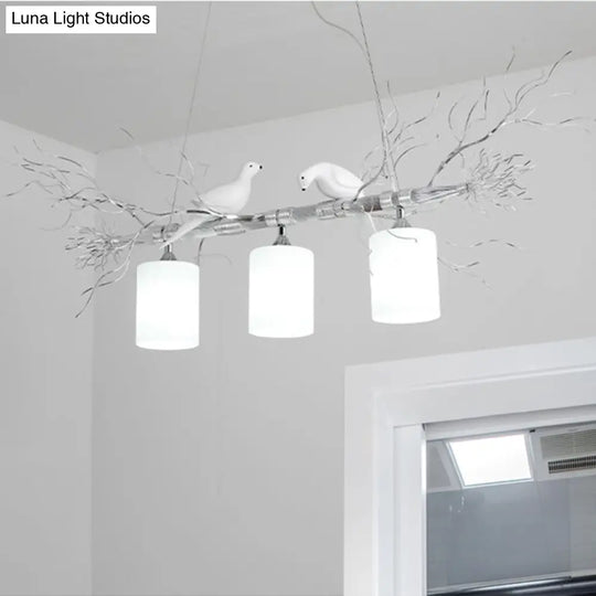 Modern 3-Head White Glass Pendant Light With Gold/Silver Branch - Cylinder Ceiling Island Fixture