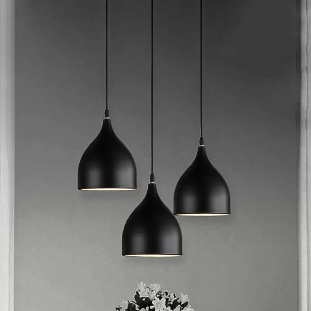 Modern 3-Light Bell Pendant In Black/White Metal With Round/Linear Canopy Black / Round