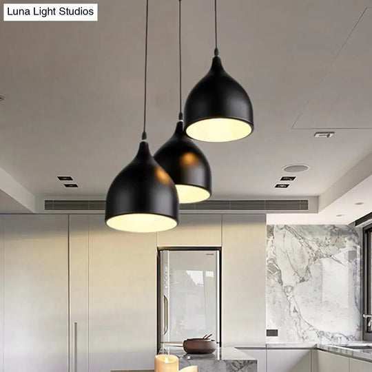 Modern 3-Light Bell Pendant In Black/White Metal With Round/Linear Canopy