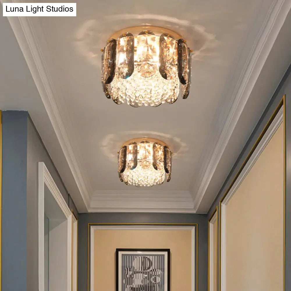 Modern 3-Light Brass Drum Flushmount Crystal Ceiling Light For Corridor