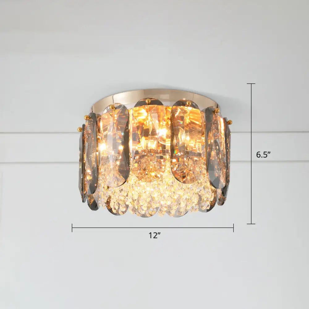 Modern 3 - Light Brass Drum Flushmount Crystal Ceiling Light For Corridor / 12’