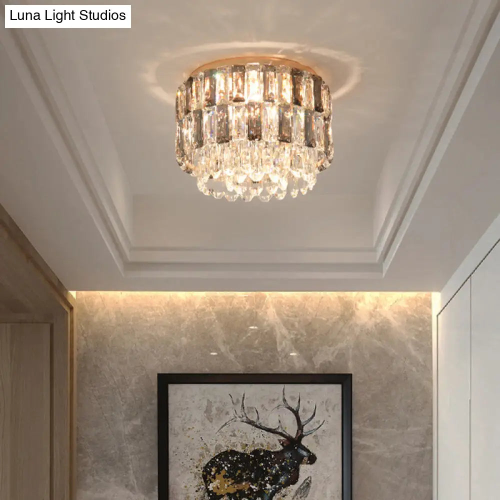 Modern 3-Light Brass Drum Flushmount Crystal Ceiling Light For Corridor