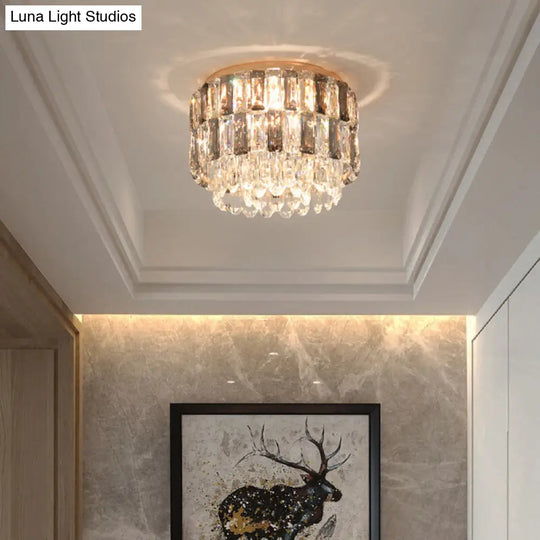 Modern 3-Light Brass Drum Flushmount Crystal Ceiling Light For Corridor