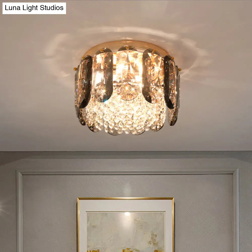 Modern 3-Light Brass Drum Flushmount Crystal Ceiling Light For Corridor