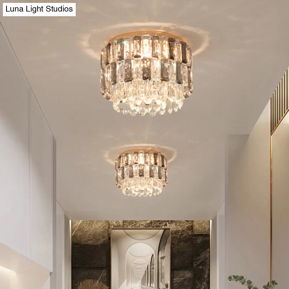 Modern 3-Light Brass Drum Flushmount Crystal Ceiling Light For Corridor