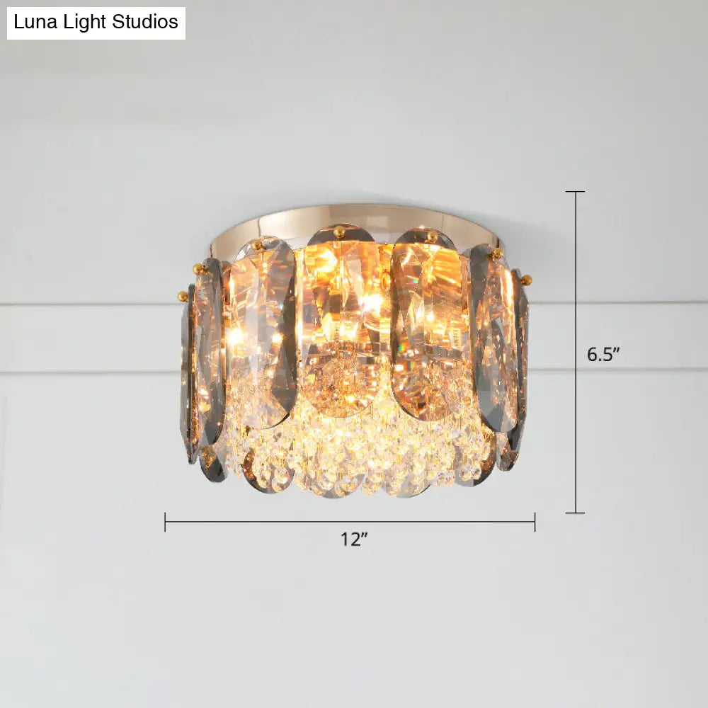 Modern 3-Light Brass Drum Flushmount Crystal Ceiling Light For Corridor / 12