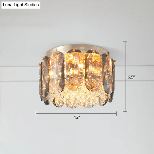 Modern 3-Light Brass Drum Flushmount Crystal Ceiling Light For Corridor / 12