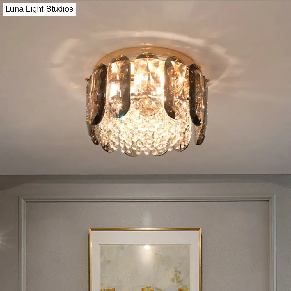 Modern 3 - Light Brass Drum Flushmount Crystal Ceiling Light For Corridor