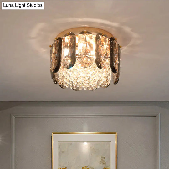 Modern 3 - Light Brass Drum Flushmount Crystal Ceiling Light For Corridor