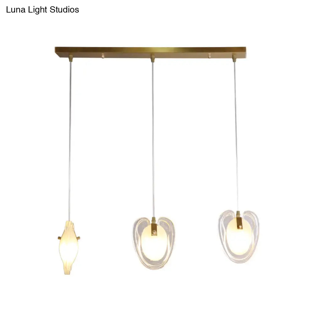 Modern 3-Light Brass Heart-Shaped Ceiling Light With Clear Glass Hanging Lamp Fixture