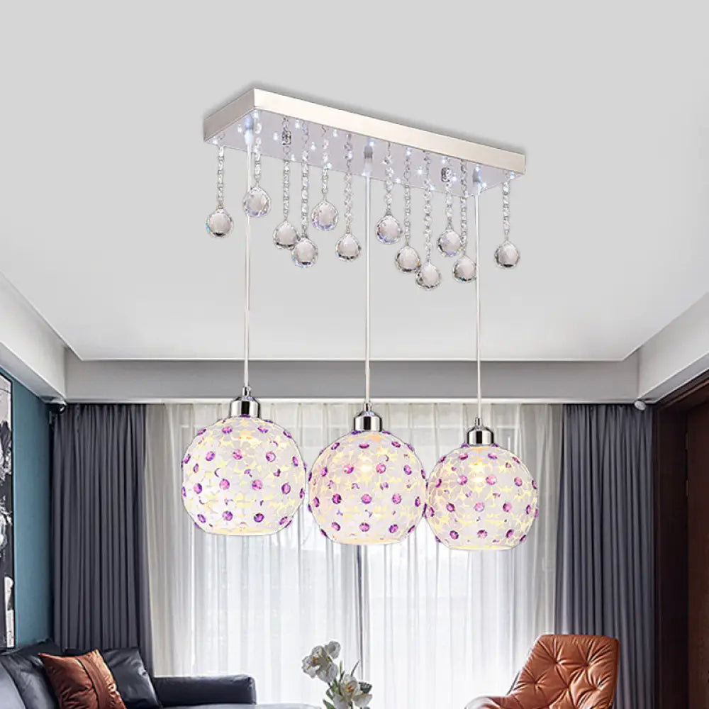 Modern 3-Light Crystal Dome Pendant With Laser-Cut White Shade And Cluster Design