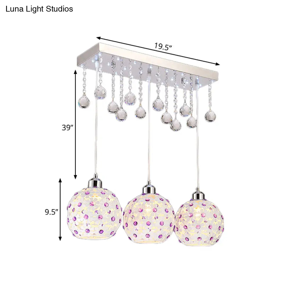 Modern 3-Light Crystal Dome Pendant With Laser-Cut White Shade And Cluster Design