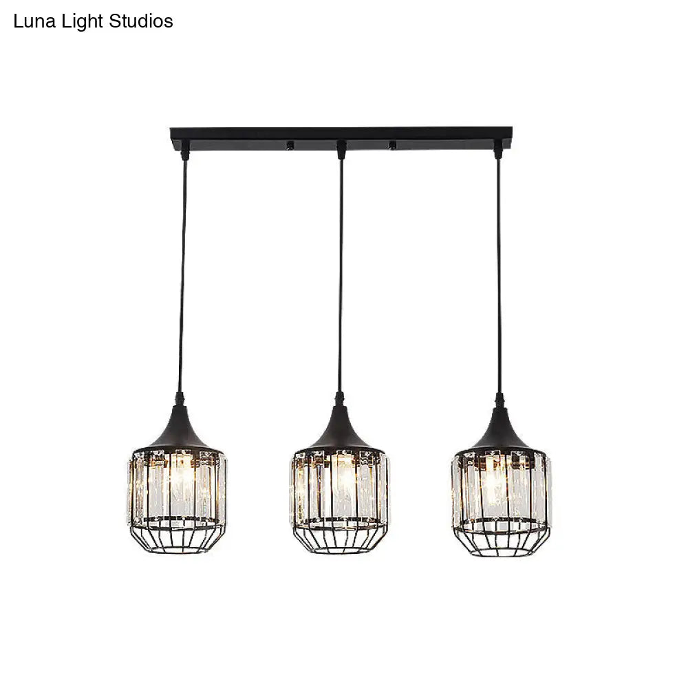 Nordic Black Dining Room Pendant With Metal And Crystal Shades - 3 Light Cluster