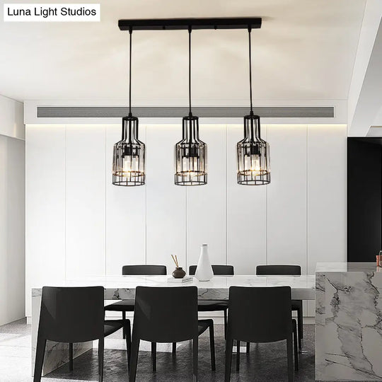 Nordic Black Dining Room Pendant With Metal And Crystal Shades - 3 Light Cluster / Bottle