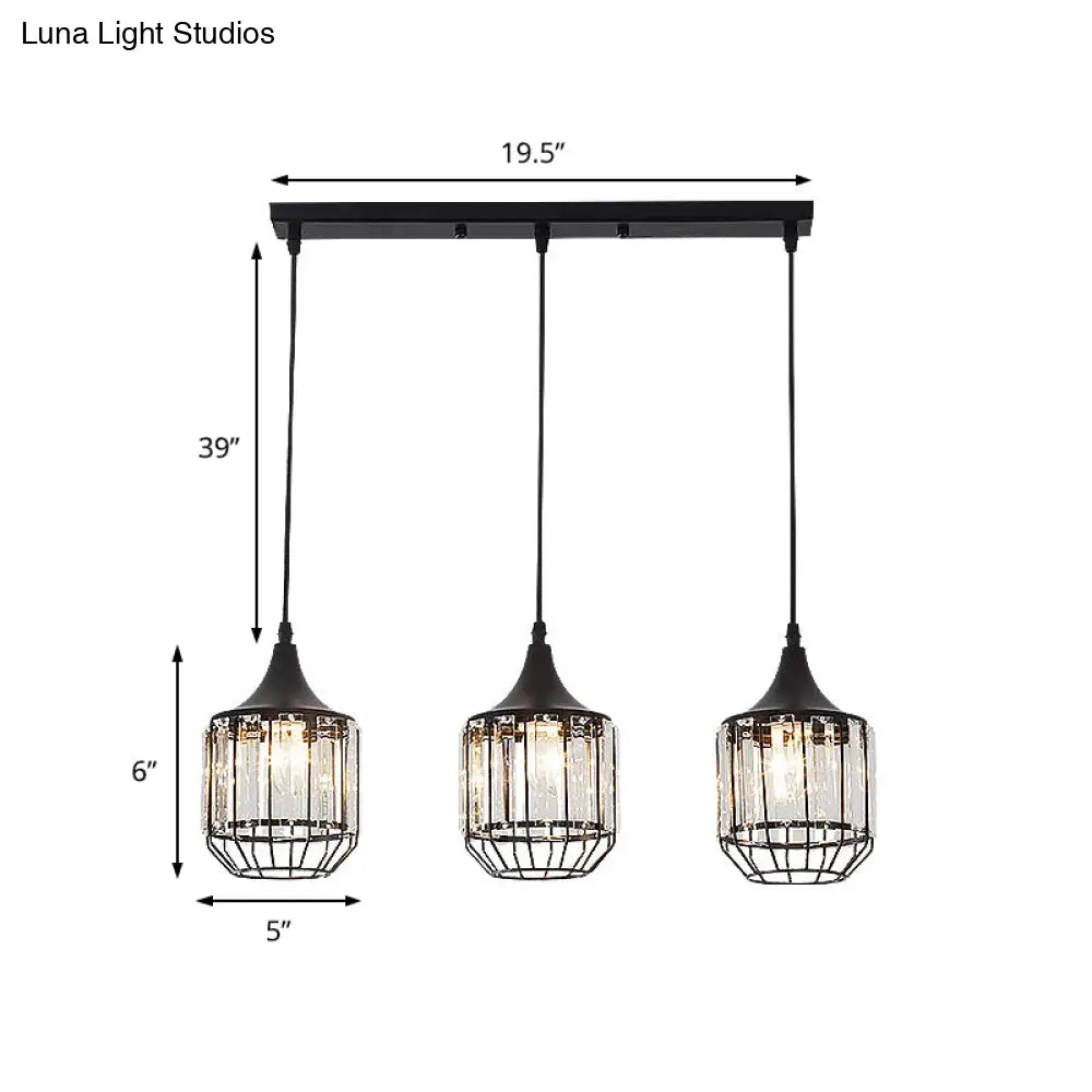 Modern 3-Light Dining Room Pendant With Nordic Black Finish Metal & Crystal Shade