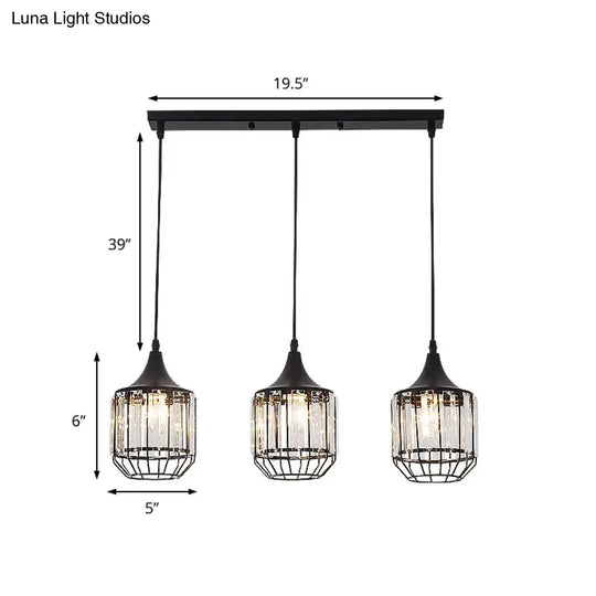 Modern 3-Light Dining Room Pendant With Nordic Black Finish Metal & Crystal Shade