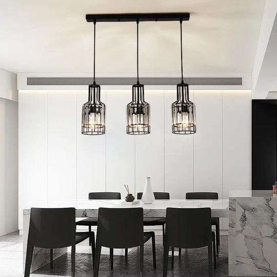 Modern 3-Light Dining Room Pendant With Nordic Black Finish Metal & Crystal Shade / Bottle