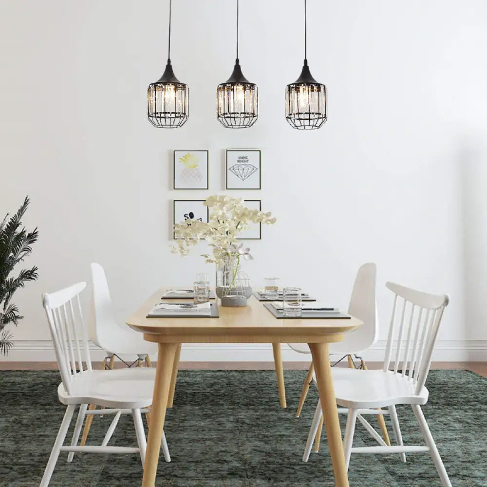 Modern 3-Light Dining Room Pendant With Nordic Black Finish Metal & Crystal Shade / Cylinder